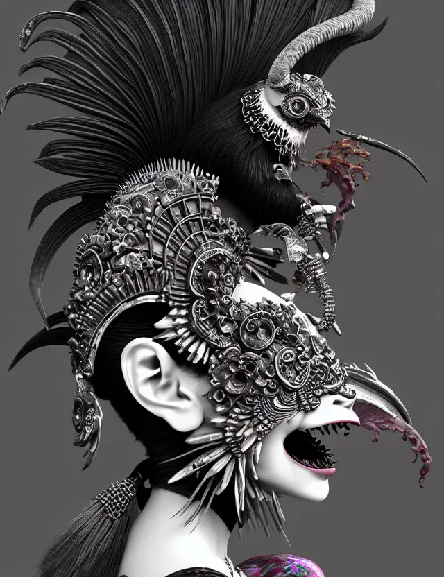 Image similar to 3 d goddess close - up profile portrait punk with mohawk with ram skull. beautiful intricately detailed japanese crow kitsune mask and clasical japanese kimono. betta fish, jellyfish phoenix, bio luminescent, plasma, ice, water, wind, creature, artwork by tooth wu and wlop and beeple and greg rutkowski