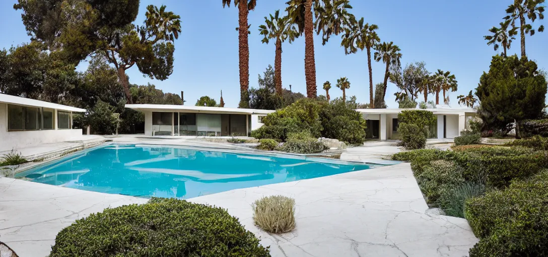 Prompt: midcentury house made of pentelic marble, designed by ictinus and callicrates. neptune pool in backyard. built in 1 9 5 9 in santa monica. owned by hollywood executive