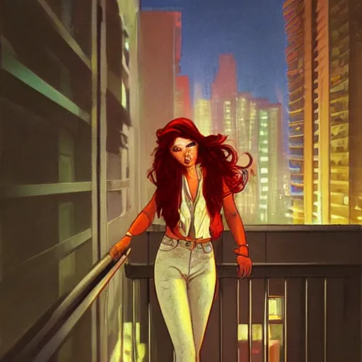 Image similar to a beautiful artwork of a woman with red hair in jeans and a white shirt smoking on the balcony of a hotel at night, top view, neon and rainy theme atmosphere by Jerome Opeña, featured on artstation