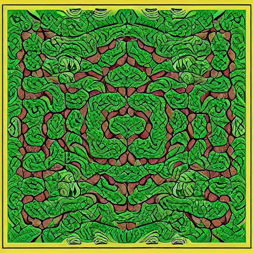Image similar to green dragon surrounded by tessellation of rosebuds, by mc escher, fractal