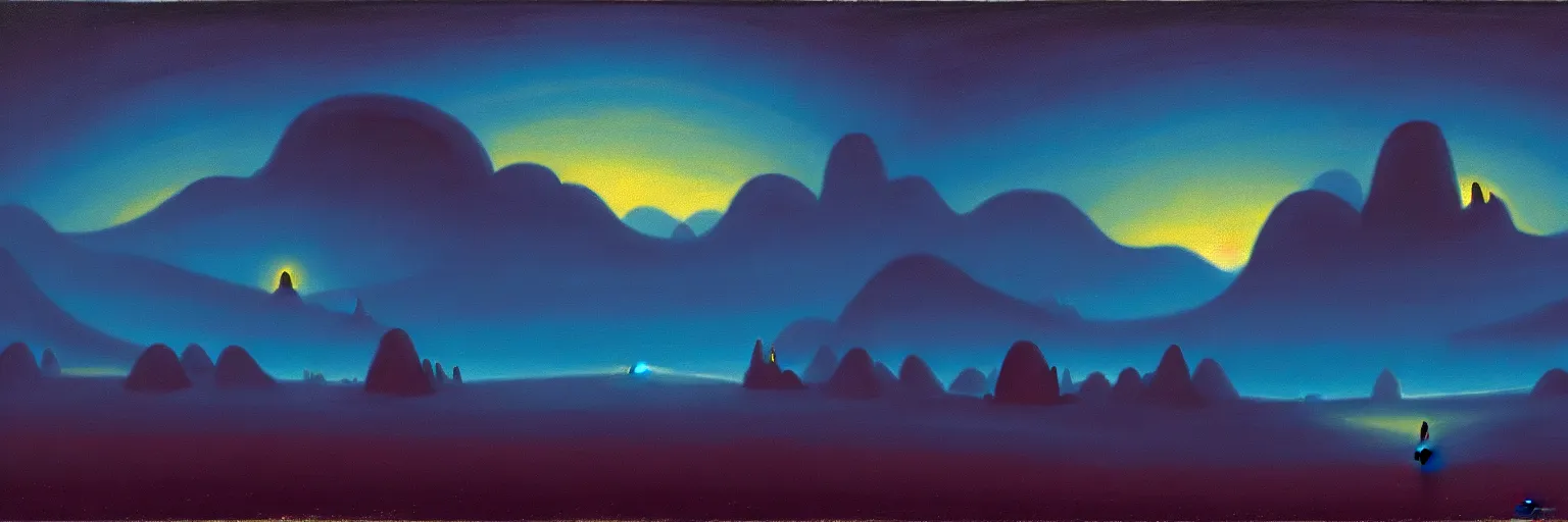 Image similar to cartoon paul lehr narrow night landscape with farawaymountains dark blue tones