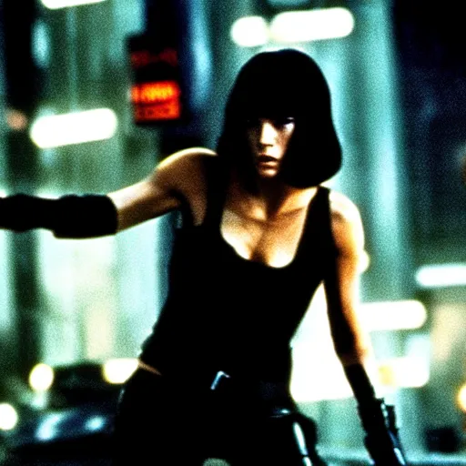 Prompt: jennifer connely fighting by ridley scott, secret agent, wearing sexy black short, wearing black boots, wearing a cropped top, blade runner, highly detailed, action movie poster, intense, cyberpunk, hq
