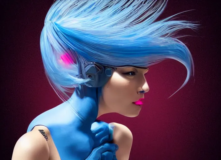 Image similar to a woman with blue hair wearing a futuristic outfit by hedi xandt, trending on behance, afrofuturism, futuristic, airbrush art, future tech