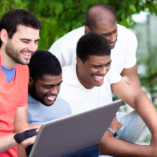 Image similar to several guys looking at a laptop screen laughing, colour photograph, 35mm