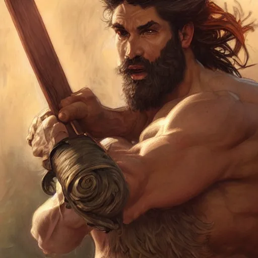 Image similar to portrait of a gruff ranger carrying the holy lance of longinus, Cain, muscular, hairy body, intricate, elegant, highly detailed, digital painting, artstation, concept art, matte, sharp focus, illustration, art by Artgerm and Greg Rutkowski and Alphonse Mucha