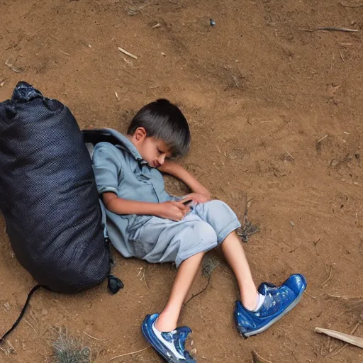 Image similar to boy with a whip-scorpion in his sleepingbag