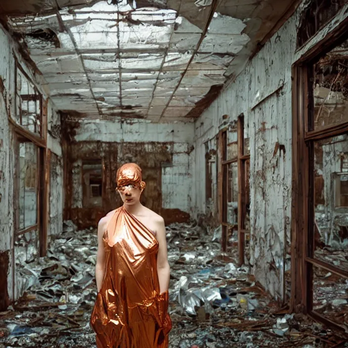 Prompt: closeup portrait of a woman wrapped in copper cellophane, standing in a derelict building interior, color photograph, by gregory crewdson, canon eos c 3 0 0, ƒ 1. 8, 3 5 mm, 8 k, medium - format print