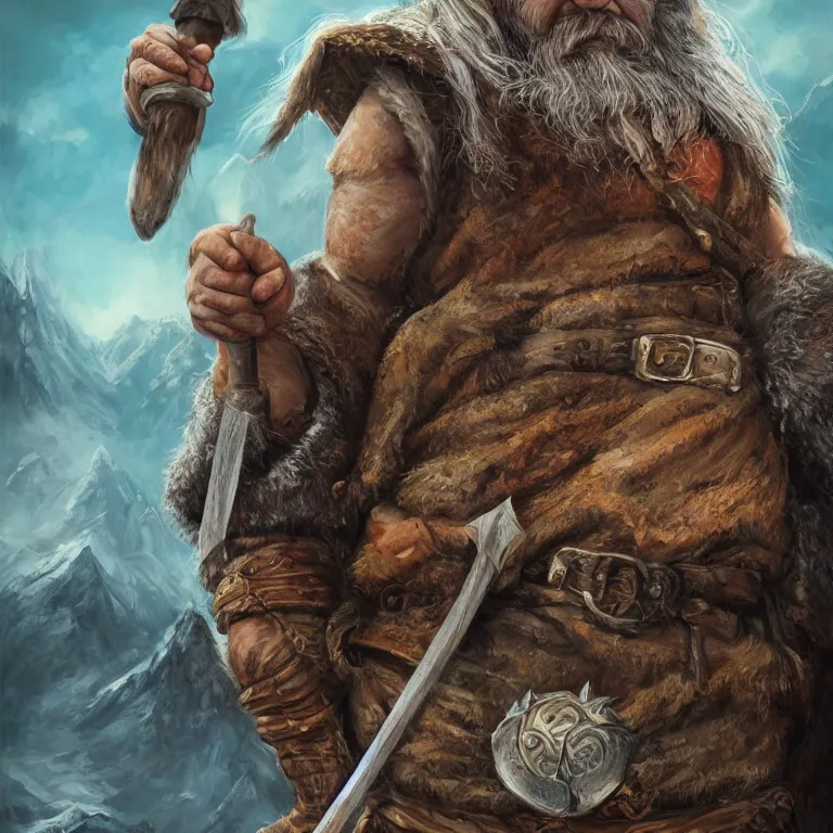 Image similar to dwarf with hammer in mountains, lord of the rings style, fantasy, poster, character portrait, portrait, close up, concept art, intricate details, highly detailed, full body, 8 k, detailed face, body