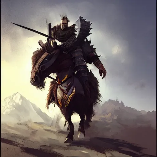 Prompt: Walter white as a dark fantasy warrior riding an armored yak, made by Greg Rutkowski