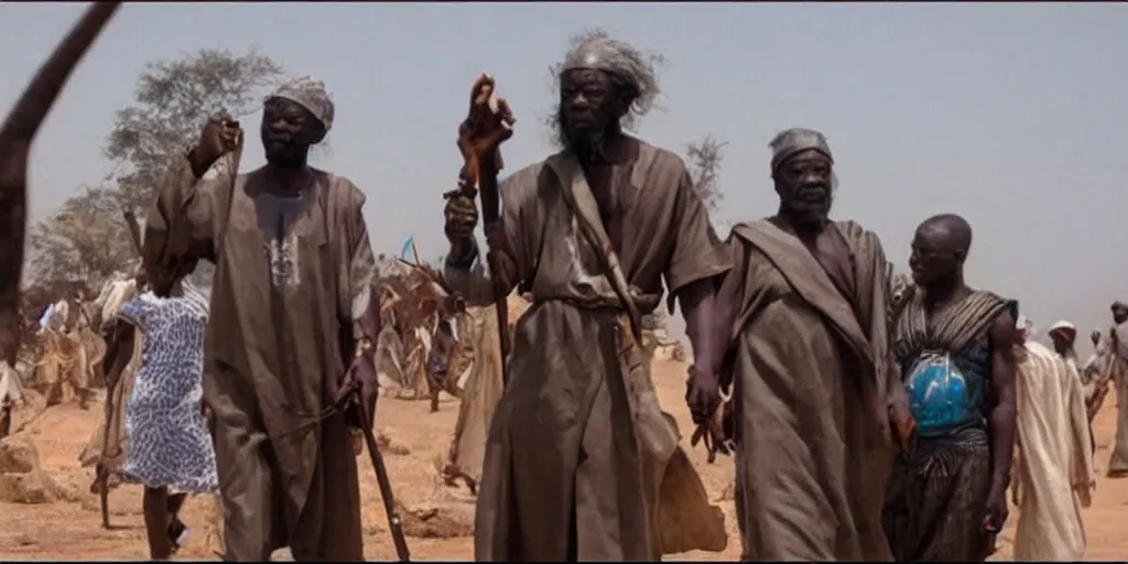 Prompt: african gandalf playing in ghanian action movie