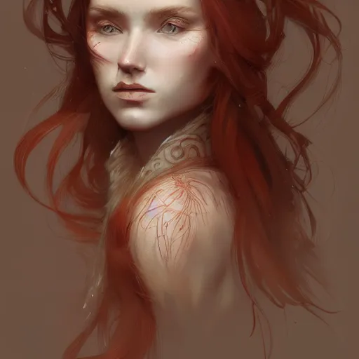 Prompt: A full portrait of Nordic female, 30 years old, brown red long hair, intricate, elegant, highly detailed, digital painting, artstation, concept art, smooth, sharp focus, illustration, art by Krenz Cushart and Artem Demura