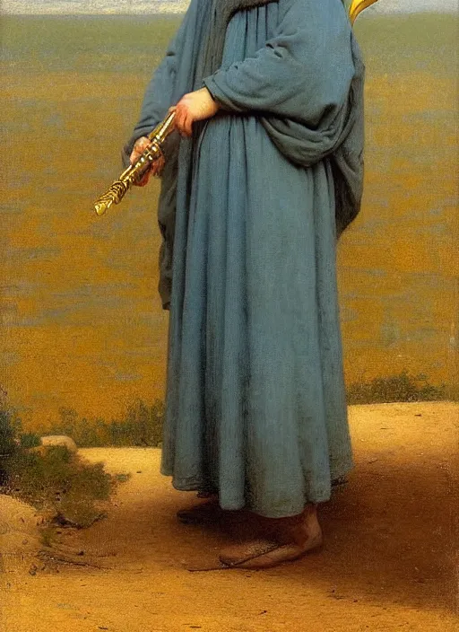 Prompt: beautiful ominous portrait of a male maid with green cloak is holding golden knife by edmund blair leighton, pale blue and pale yellow colors, Oriental, Desert, Lake