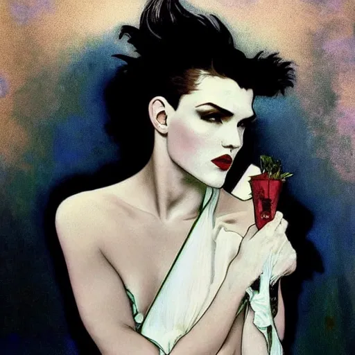 Image similar to beautiful portrait of androgynous ruby rose as desire from sandman in a white tuxedo!!!, rockabilly style,, by alphonse mucha, by jeremy mann, by peter lindbergh, dave mckean, by cedric peyravernay, white suit and black tie, soft lightning, high detailed, 8 k