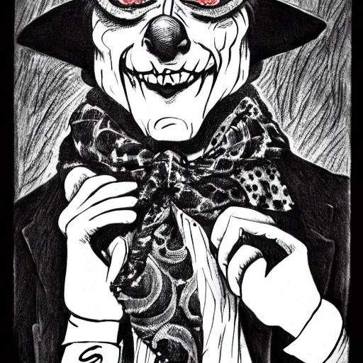 Image similar to a Pop Wonder scary horror themed goofy-hilarious-character Mad-Hatter-wearing a scarf, 3-piece-suit, dime-store-comic drawn with charcoal and pen and ink, half-tone-line-stacking
