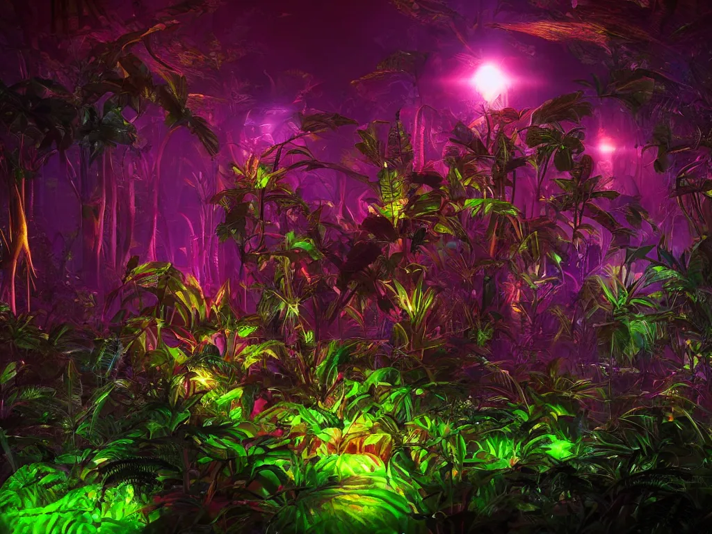 Prompt: psychedelic alien jungle at night, glowing alien plants, HD photography, artstation, cgsociety