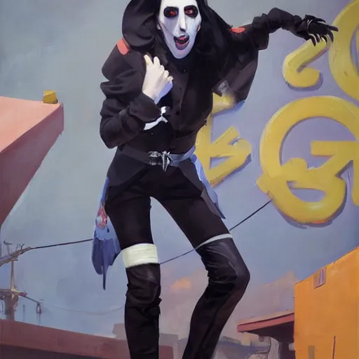 Image similar to Greg Manchess portrait painting of Marilyn Manson as Overwatch character, medium shot, profile picture, Organic Painting, sunny day, Matte Painting, bold shapes, hard edges, street art, trending on artstation, by Huang Guangjian and Gil Elvgren and Sachin Teng