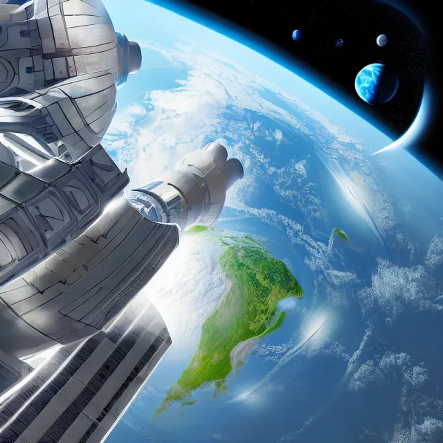 Image similar to futuristic space station with earth in the background, artgerm, highly detailed, 8 k, hdr, close up, smooth, sharp focus, high resolution, award - winning photo