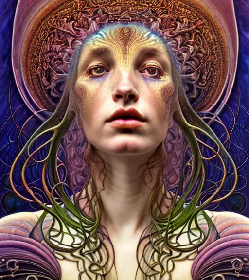 Image similar to detailed realistic beautiful young groovypunk queen of andromeda galaxy in full regal attire. face portrait. art nouveau, symbolist, visionary, baroque, giant fractal details. horizontal symmetry by zdzisław beksinski, iris van herpen, raymond swanland and alphonse mucha. highly detailed, hyper - real, beautiful