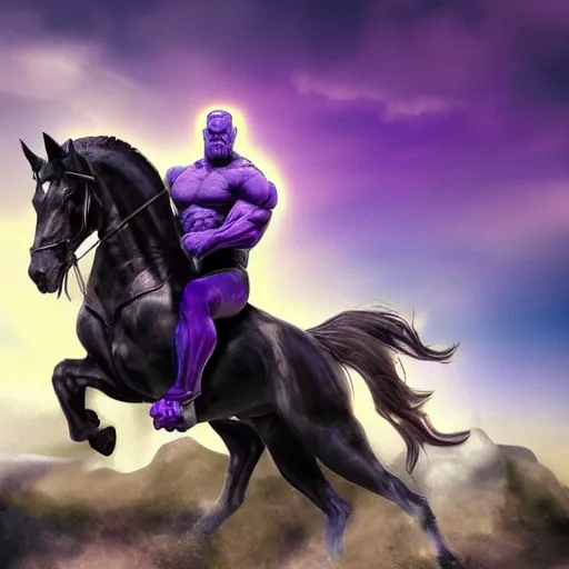 Prompt: Thanos riding a horse, digital art, well detailed, HDR