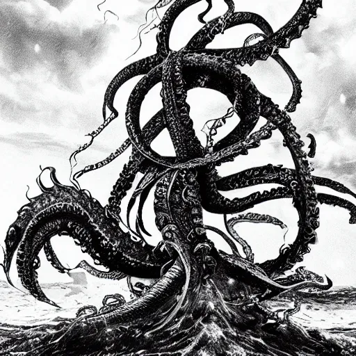 Prompt: kraken devours the ship in the exact style of kentaro miura, 4 k, 8 k, absolute detail of even the smallest details and particles, beautiful shadows, beautiful art, black and white drawing, high rendering of details of faces and characters