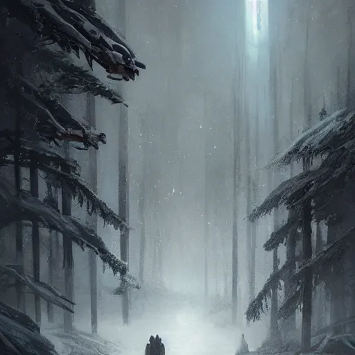 Prompt: star wars concept art by greg rutkowski, a neogothic city in the middle of a snowy forest landscape and near a lake, dark clouds, scarce rays of sunlight, enigmatic atmosphere, artstation hq.