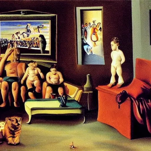 Image similar to family watching sporting event on tv, painting by Salvador Dali