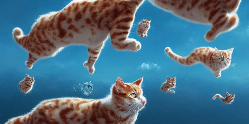 Prompt: Floating cats that look like Elton John over a blue ocean, Darek Zabrocki, Karlkka, Jayison Devadas, Phuoc Quan, trending on Artstation, 8K, ultra wide angle, pincushion lens effect.