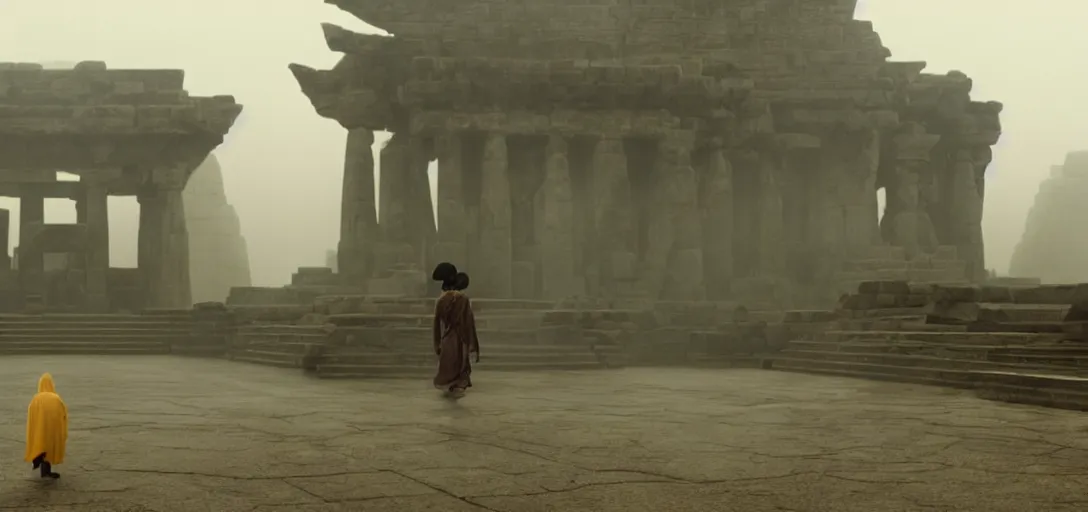 Prompt: prince of darkness as mickey mouse walking out from epic temple, foggy, cinematic shot, photo still from movie by denis villeneuve, wayne barlowe