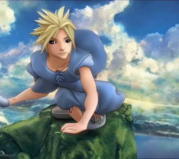 Image similar to Cloud from Final Fantasy as a Disney princess, animated movie still.