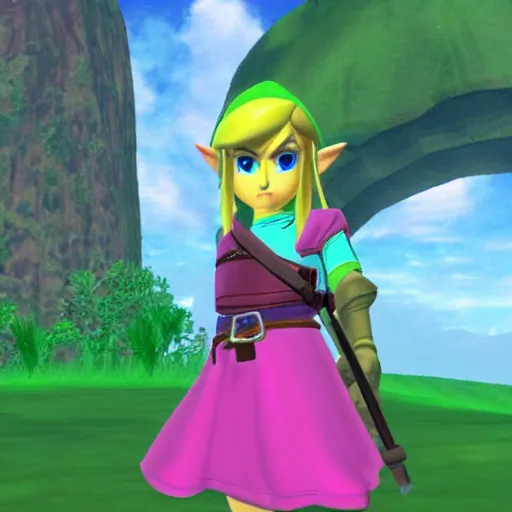 Prompt: Link from the Legend of Zelda: Ocarina of Time wearing a pink dress