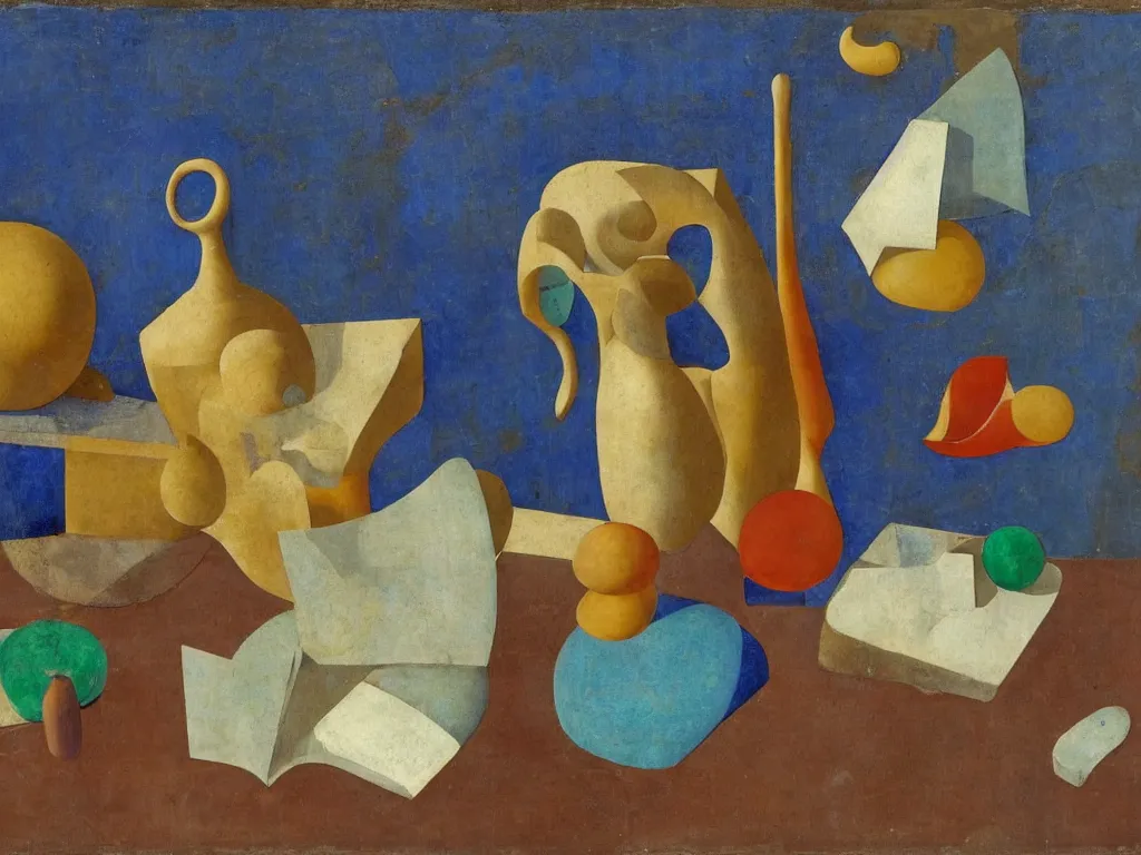 Prompt: still life with book and hans arp sculpture. lapis lazuli, malachite, turqouise, gold. painting by piero della francesca, balthus, agnes pelton