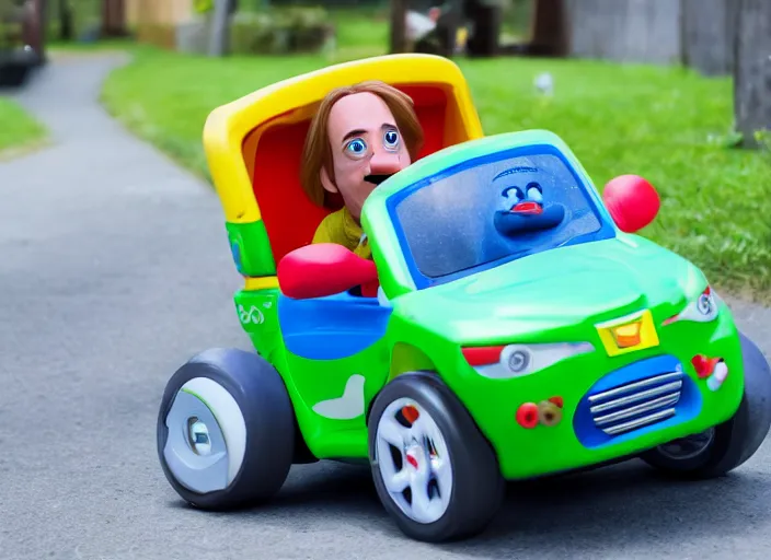 Image similar to steve buscemi driving a little tikes cozy coupe, movie still, from the new zelda game, 8 k, realistic