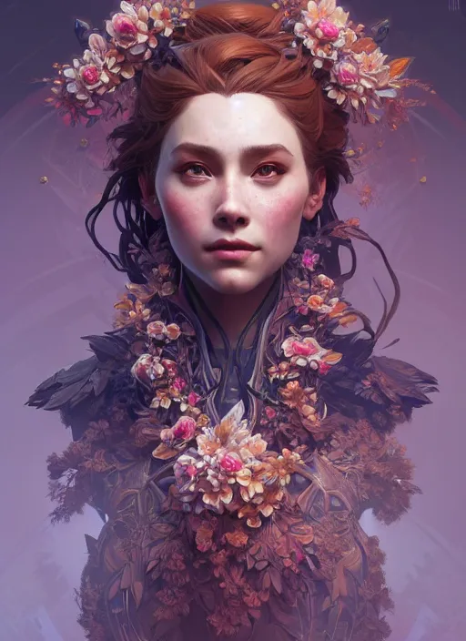 Image similar to symmetry!! portrait of floral! horizon zero dawn machine, intricate, elegant, highly detailed, digital painting, artstation, concept art, smooth, sharp focus, illustration, art by artgerm and greg rutkowski and alphonse mucha, 8 k