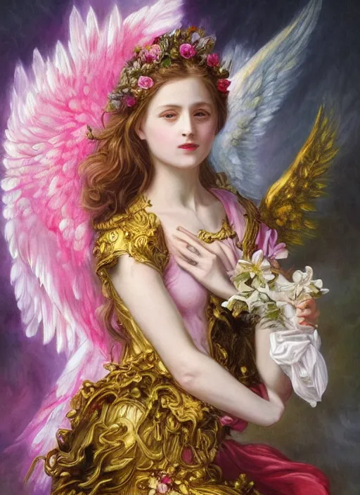 Image similar to full body oil painting of smoking wolf wearing pink shirt, in the style of sophie anderson, angel wings, angelic golden armor, dramatic painting, symmetrical composition, ornate, high detail, gold detailed collar, blooming, lights, flowers,