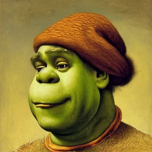 Prompt: An airbrush caricature of Shrek, painting by Leonardo Da Vinci , oil painting