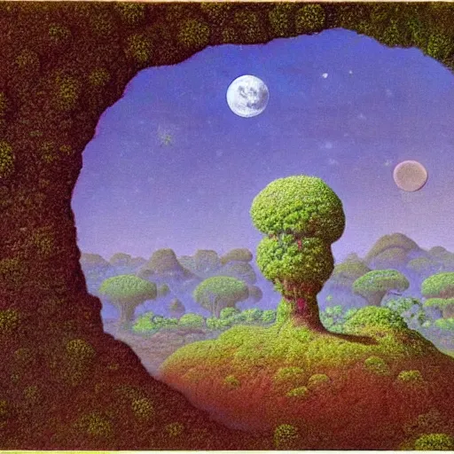 Prompt: a landscape on the moon with many craters, barren moon landscape, in a big crater at the center there is a beautiful flowering garden, 8 k, lowbrow in the style of martin johnson heade, roger dean, mark ryden and daniel merriam,