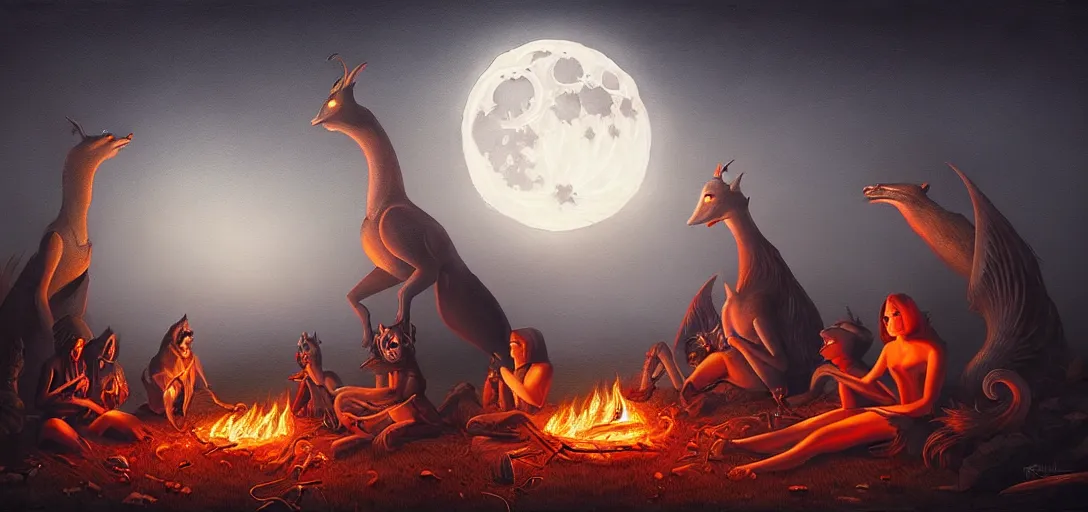 Image similar to strange mythical beasts of sitting around a fire under a full moon, surreal dark uncanny painting by ronny khalil