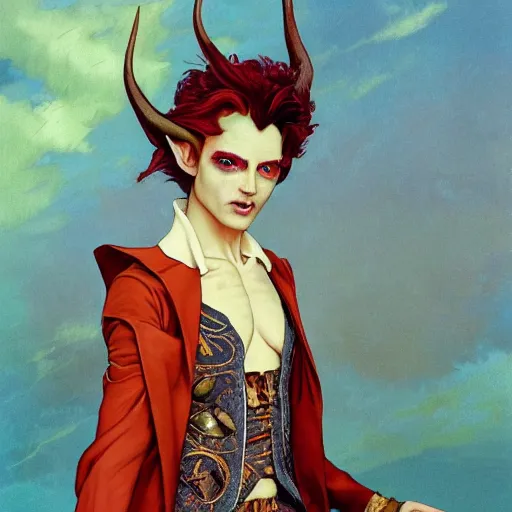 Image similar to photograph of a beautiful and androgynous half - elf with medium skin tone and messy short red hair and copper eyes with slit pupils, dressed in a colorful jodhpuri suit, dnd character, golden hour, by ross tran and gerald brom and kehinde wiley and fernando amorsolo and alphonse mucha, trending on artstation