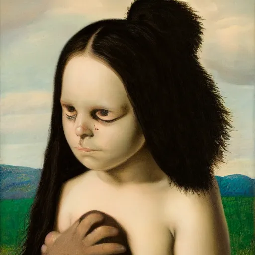 Image similar to a detailed portrait painting of a goth girl with big hair, she is crying, in the style of Raffael and Grant Wood, 4k,