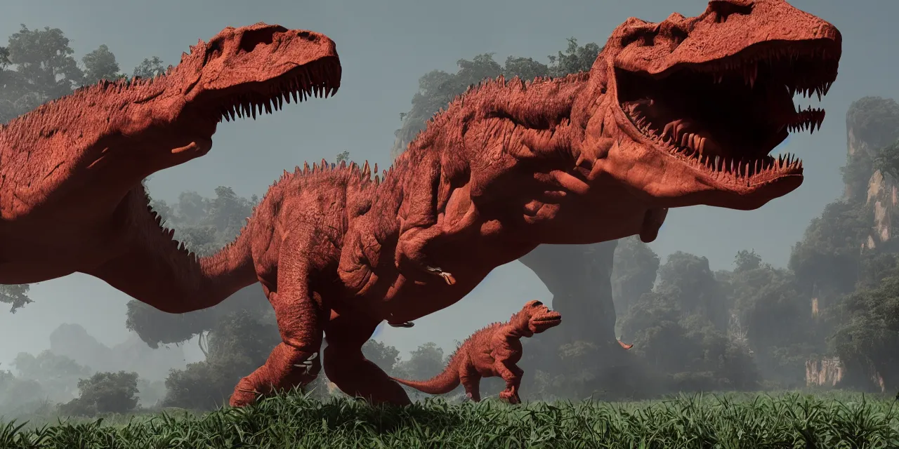 Image similar to communist dinosaur, china, tyrannosaurus, unreal engine, cinematic