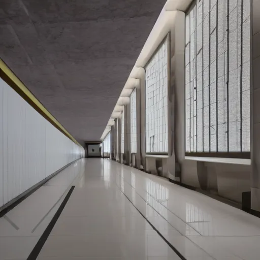 Prompt: photo of a vast interior space of randomly connected corridors, stairs and rooms. ceramic white tiles on all the walls.