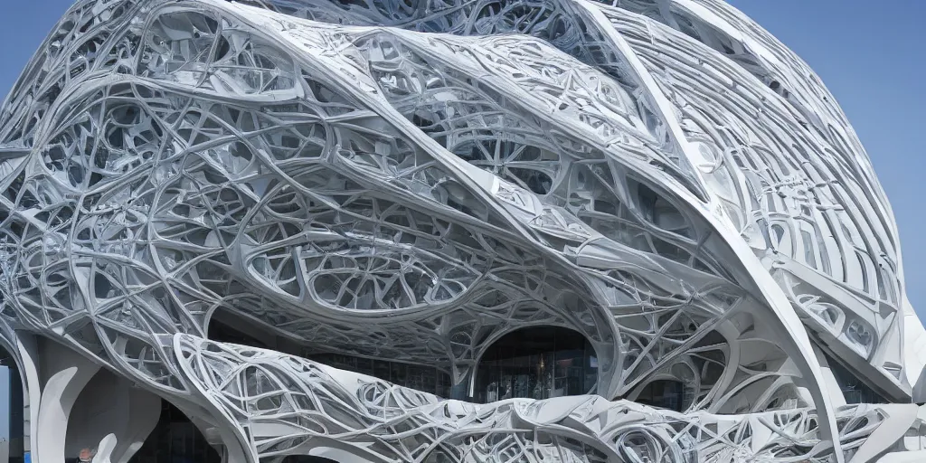 Image similar to extremely detailed ornate stunning beautiful elegant futuristic museum exterior by Zaha Hadid