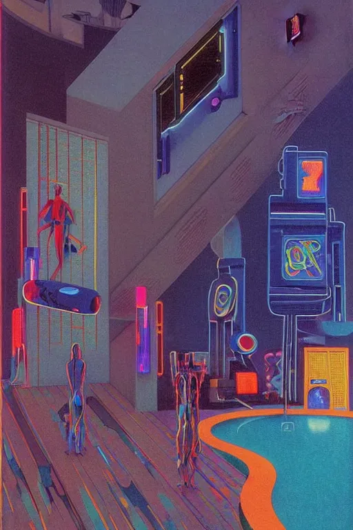 Image similar to 8 0 s art deco motel with swimmingpool, robots, neon signes, cinematic dramatic cyberpunk textural fluid lines otherworldly vaporwave interesting details fantasy lut epic composition by basquiat zdzisław beksinski james jean artgerm rutkowski moebius francis bacon gustav klimt