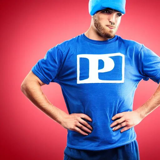 Image similar to heroic pose of an athletic man wearing a blue cap with a P on it