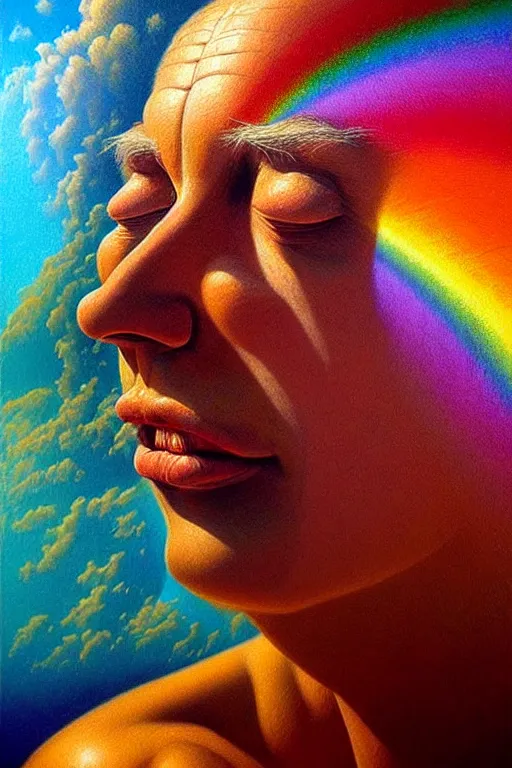 Image similar to hyperrealistic close-up Renaissance psychedelic!! celestial happy pure kind! creature!! peaceful! kind spirit of nature highly detailed concept art eric zener elson peter cinematic hard rainbow lighting high angle hd 8k sharp shallow depth of field, inspired by Zdzisław Beksiński