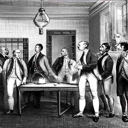 Prompt: a group of Ben Franklins boasting to each other in a laboratory