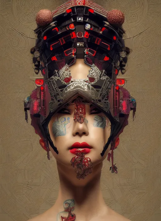 Prompt: portrait of a sensual cyberpunk geisha cyborg with headpiece, imari, modern fine art, fractal, in the style of ghosts in the shell, intricate ornaments, elegant, highly detailed, digital photography, subsurface scattering, by mc escher and greg rutkowski,