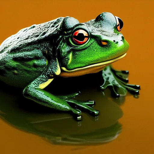 Prompt: hyperrealistic image of bullfrog, by thomas eakes & xiang duan & mike judge, perfect symmetry, dim volumetric lighting, photorealistic, 8 k octane beautifully detailed render, post - processing, extremely hyper - detailed, intricate, epic composition, lifelike attributes, cinematic lighting, masterpiece, trending on artstation, very very detailed, stunning,