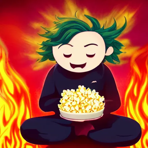 Prompt: fluffy popcorn anime character with a smiling face and flames for hair, sitting on a lotus flower, clean composition, symmetrical