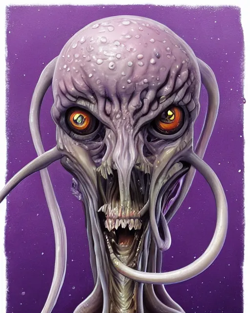 Prompt: Haunting horrifying detailed painting of a tall skinny extraterrestrial squid monster made of gelatinous fluid, floating teeth and purple eyeballs, hyper detailed, trending on Artstation